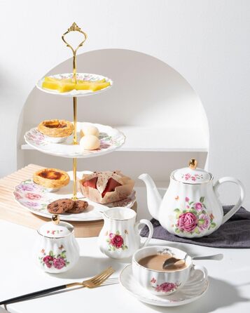 Стійка для тістечок Sweejar Home з кераміки, 3 яруси, для весілля, десертів, капкейків, чаювання, сервірування їжі (Рожева троянда)