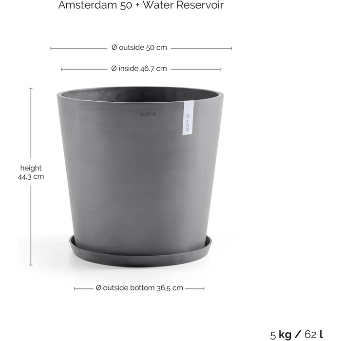 Квітчар Ecopots великий, сірий, діаметр 50 см - квітчар для дому та саду