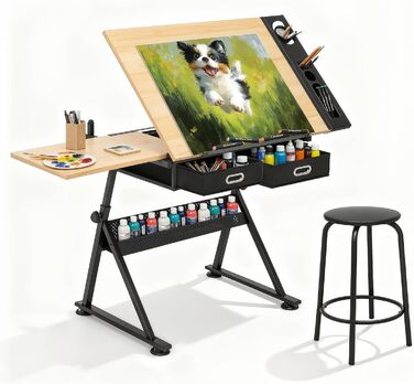 Набір мольбертів Magshion: регульований стіл для художника з нахиленою дерев'яною столешницею, ящиками та стільцем. Підходить для дому, офісу та школи (білий/чорний)