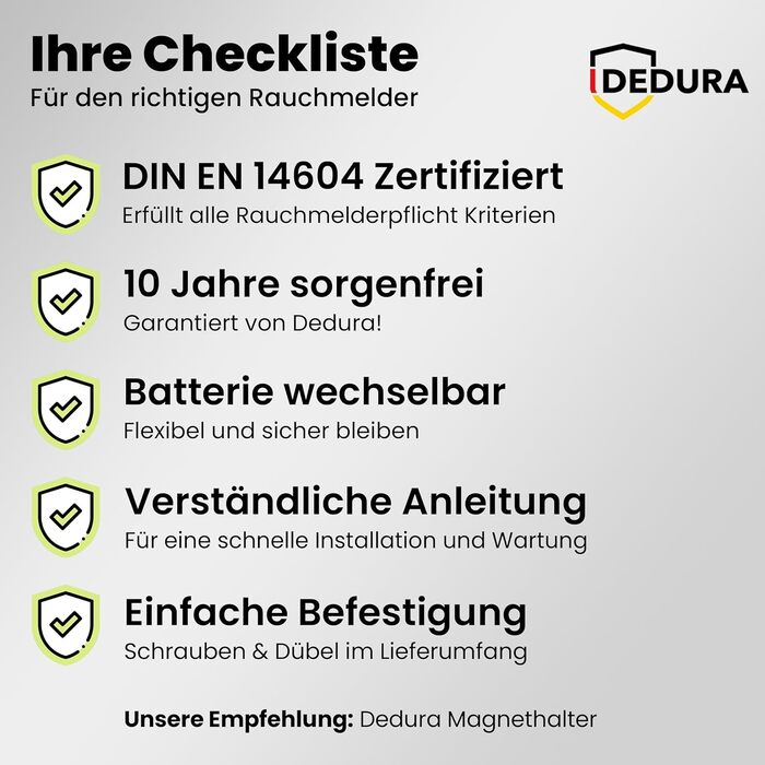 Набір димових сповіщувачів Rauchmelder (10 шт.) з 10-річною гарантією, сертифікований BSI за стандартом DIN EN14604, з 9V батареєю