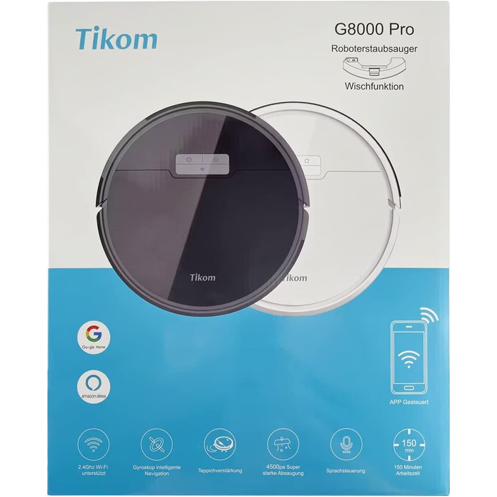 Робот-пилосос і швага Tikom G8000 Pro, 4500 Па, самозарядка, Wi-Fi, 150 хв, для шерсті домашніх тварин, килима, твердої підлоги