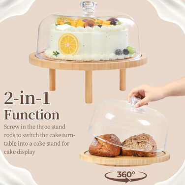 Підставка для тортів Ohuhu з бамбука 2-в-1 з кришкою, обертова тальянка з 3 знімними ніжками та акриловою кришкою для випічки, декору та святкування, чудовий подарунок для жінок
