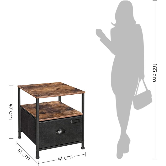 Приліжкова тумбочка SONGMICS, тумбочка, журнальний столик, для зберігання, з висувним ящиком, 2 полиці, індустріальний стиль, для вітальні, спальні, вінтажнийкоричнево-чорний LVT02H