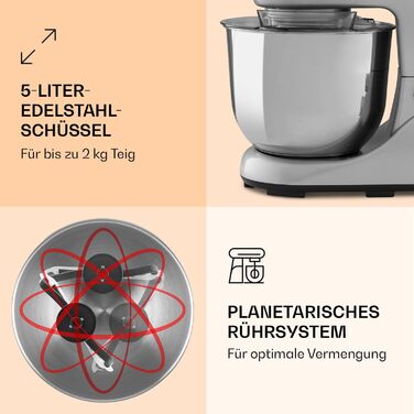 Міксер Klarstein Knetmaschine Küchenmaschine: планетарний міксер для випічки, 1300W, 6 швидкостей, 5л, срібний