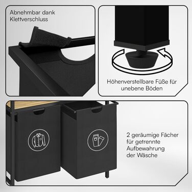 STEELSØN Rigil Кошик для білизни з 2 відділеннями – з полицею з бамбука – 2x 45 л – чорний металевий сортер для білизни – знімні мішки для білизни – контейнер для брудної білизни 2 відділення