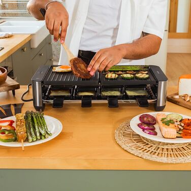 Електричний гриль-рашетниця Cecotec Raclette Cheese&Grill 16000 Inox Black для 8 осіб, 1400 Вт, з регулюванням температури та антипригарним покриттям, 40 x 22 см, 8 сковородок та 8 лопаток
