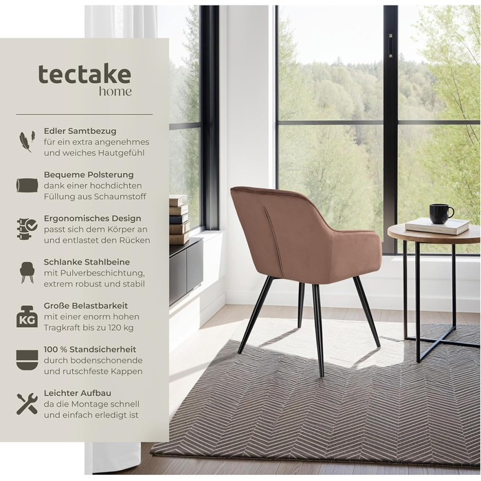 Крісло Tectake® для вітальні та обідньої кімнати з підлокітниками, м'яке крісло з оксамитовою подушкою, коричнево-чорне (6 шт. в наборі)