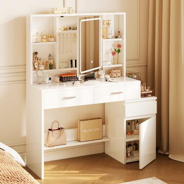 Дзеркальний туалетний столик JUMMICO з LED-підсвічуванням (3 режими яскравості, 3 колірні температури), великий комод з 6 відділеннями, 2 ящиками, бічною шафкою та полицею, 117x40x140 см, білий