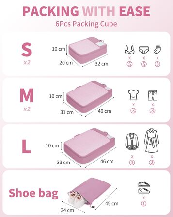 Набір органайзерів для валізи ECOHUB, 6 шт. — Подорожні сумки-кубики з ID-тегами, дихаючі легкі органайзери для одягу та рюкзака з перероблених матеріалів (Темно-рожевий)