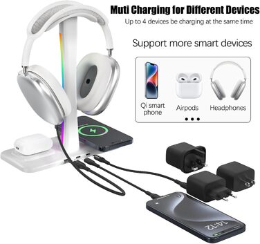 Підставка для навушників з бездротовим зарядним пристроєм, RGB-підсвічуванням, сумісна з AirPods Max, iPhone, Samsung. Подарунок для геймера