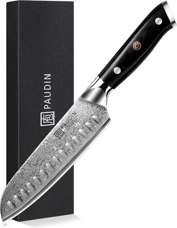PAUDIN Сантоку ніж з дамаської сталі 17 см, професійний кухонний ніж з VG10 серцем, ергономічна ручка G10