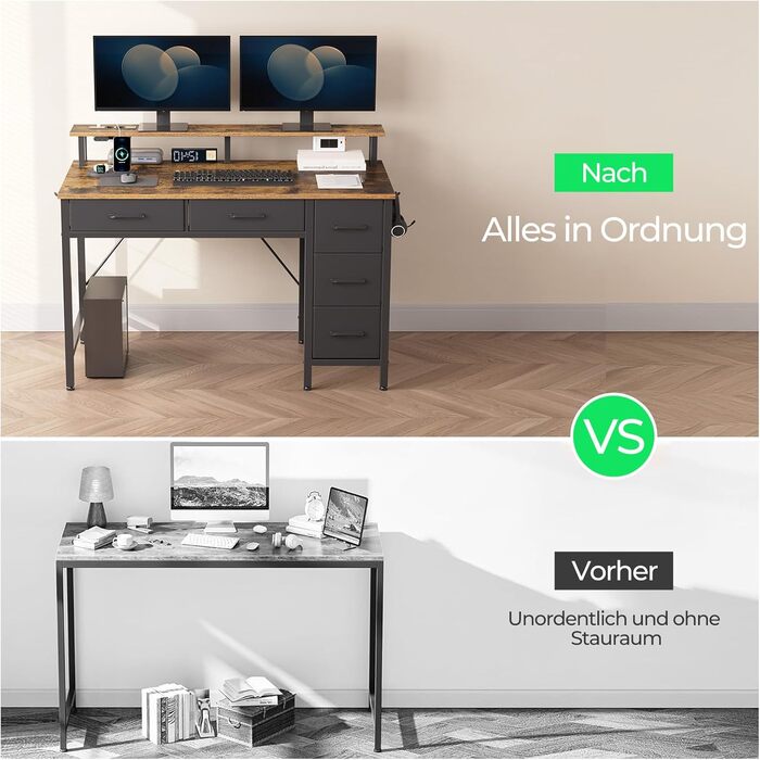 Комп'ютерний стіл Seventable з розетками та LED-підсвіткою, 100 см, геймінговий стіл з 5 висувними ящиками та підставкою для монітора, для офісу, кабінету, спальні, вітальні (Вінтажний коричневий)