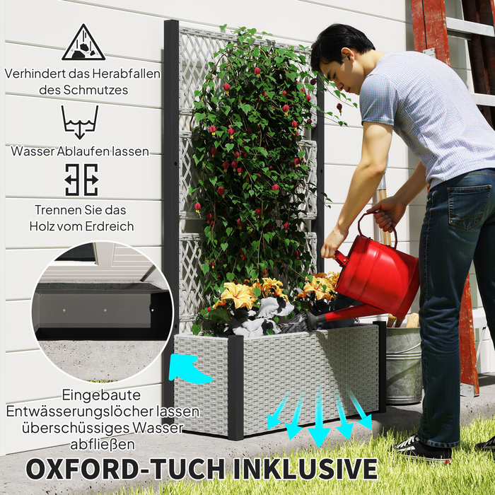 Підвищене грядка з опорою для ліан у стилі ротангу, квітник/ящик для рослин з підпірками, 90 x 35 x 148 см, сірий