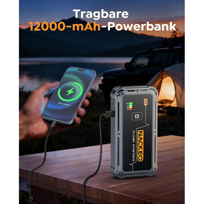 Powerbank для авто 12V Starthilfe 5000A: Зарядний пристрій для автомобіля, SUV, мотоцикла, газонокосарки з LED-ліхтарем