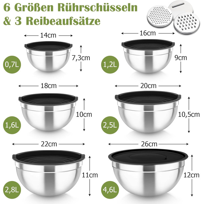 Набір салатниць TEAMFAR 6 шт. з нержавіючої сталі з кришками та силіконовими ніжками, 0,7L/1,5L/1,6L/2,5L/2,8L/4,6L, з терками, чорний