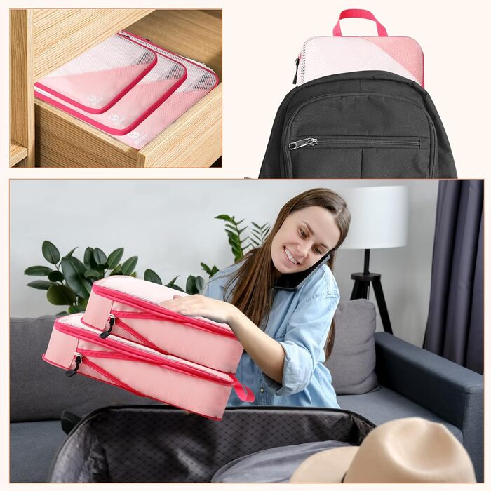Набір компресійних органайзерів для подорожей AiQInu (5 шт.), ультралегкі сумки для пакування одягу в валізу з мішком для взуття та прання, рожеві