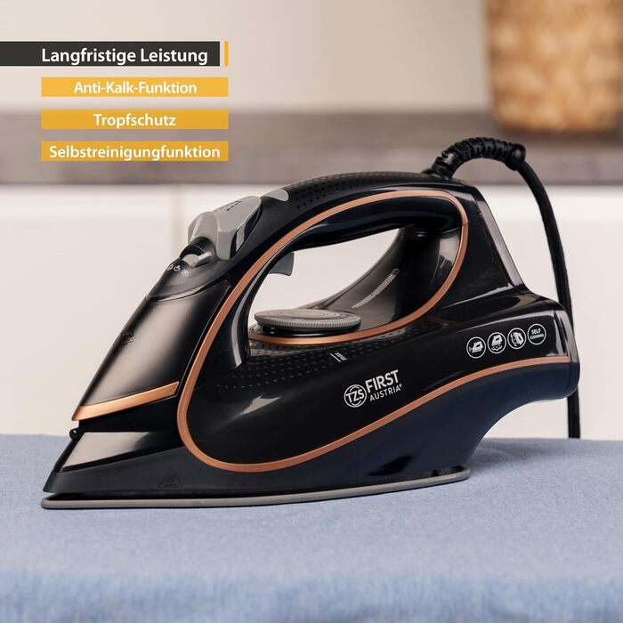 Відпарювач TZS First Austria I 2800-3200W з керамічною підошвою | Самоочищення, вертикальний пар, антинакип, сухе прасування | 0,45л, 1.3кг, білий/мідний