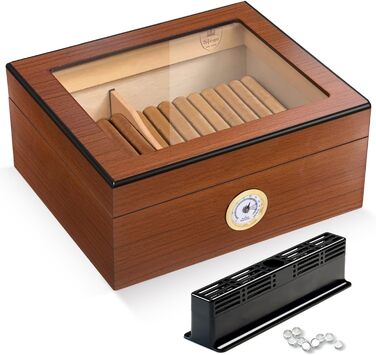 Вологозбережувач для сигар Slege, дерев'яний бокс з іспанської кедру, гігрометр, роздільники, аксесуари для сигар (30-50 сигар) (колір: коричневий)