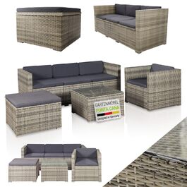 Садовий набір меблів Juskys Polyrattan Punta Cana для 4-5 осіб: диван, крісло, пуф, стіл, подушки - Чорно-сірий (меланж / темно-сірий)