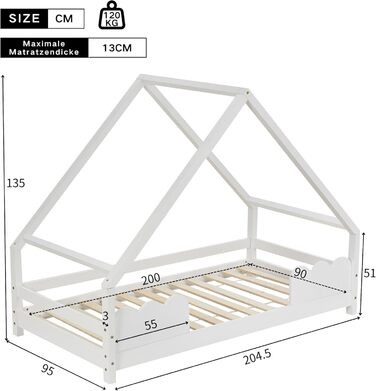 Ліжко дитяче Merax 90x200 см, будиночок з ламелями, захистом від падіння, для хлопчиків та дівчаток, біле