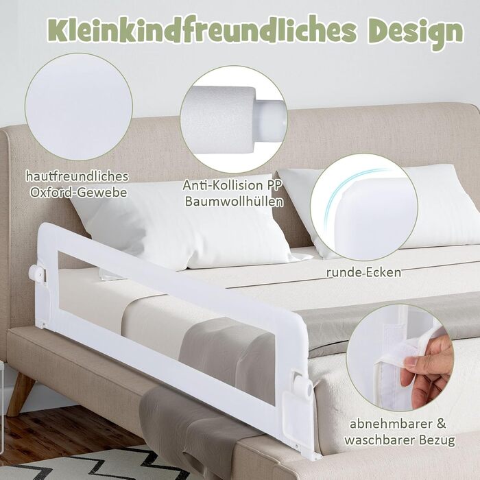 Захисний бортик для ліжка дитячого DREAMADE 150 см, білий - запобігає випаданню, PP та Oxford