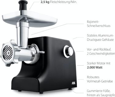 Електрична м'ясорубка ADE Ідеально підходить для фаршу, ковбаси, кеббе з начинкою для ковбаси 3 перфоровані диски з нержавіючої сталі для дрібного, середнього, грубого помелу 2,000 Вт Сертифікація GS чорний