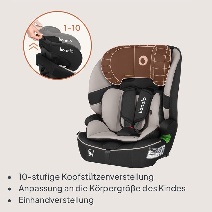 Автокрісло Lionelo Billy i-Size 76-150 см (15 міс - 12 років), ISOFIX, Top Tether, R129, бежеве
