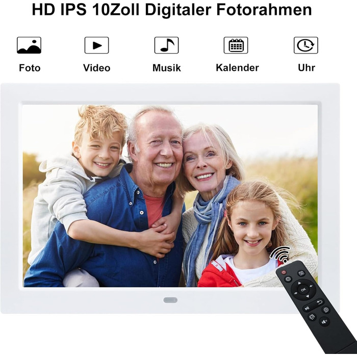 Цифровий фотомонтаж 10.1 дюйма, IPS, 1280x800, USB/SD, фото/музика/відео, календар, будильник, настінний монтаж, білий