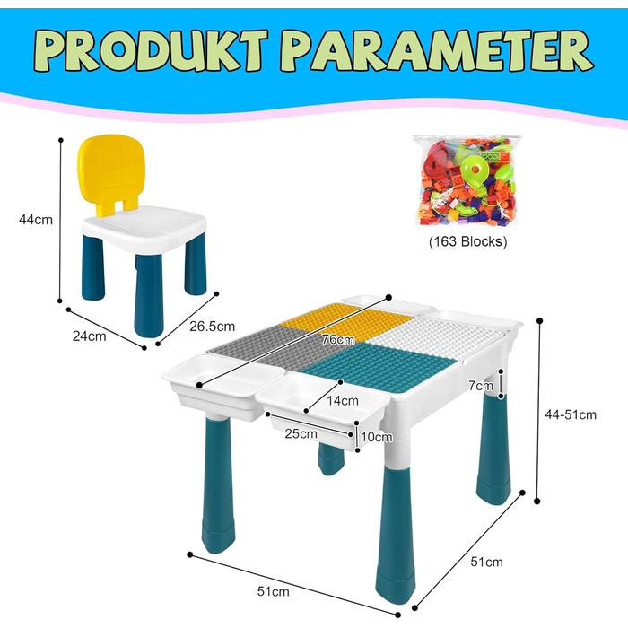 Набір дитячих стільців для столу 6 в 1 двосторонній стіл, 163 будівельних блоку, 2 стільці, пластик (тип А)