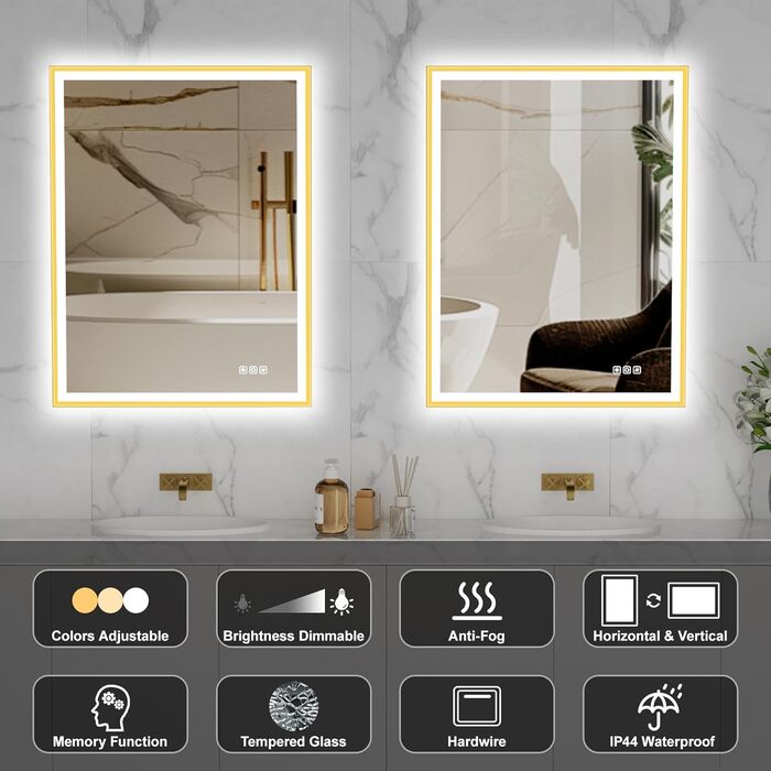 Круглий LED-дзеркало для ванної кімнати Furduzz з підсвічуванням, 700 мм, монтаж на стіну, сенсорна кнопка, регулювання яскравості, 3 кольори, проти запотівання, інтелектуальна функція пам'яті (Модель 2, золота рамка, 80 x 60 см)