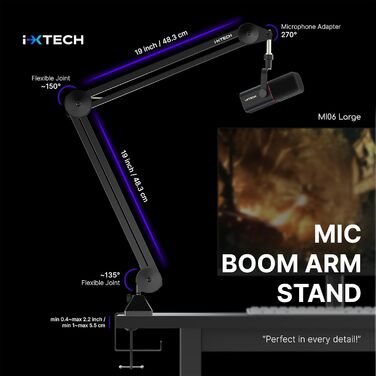 Динамічний мікрофон IXTECH із кардіоїдною діаграмою, RGB підсвічуванням, USB/XLR для студії, подкастів, стрімінгу, вокалу, запису, геймінгу та озвучення, білий (MI06 Large, High Profile)