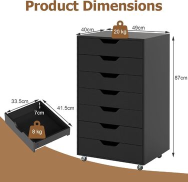 Мобільний рол контейнер KOMFOTTEU з шухлядами, чорний офісний шафчик для документів та файлів