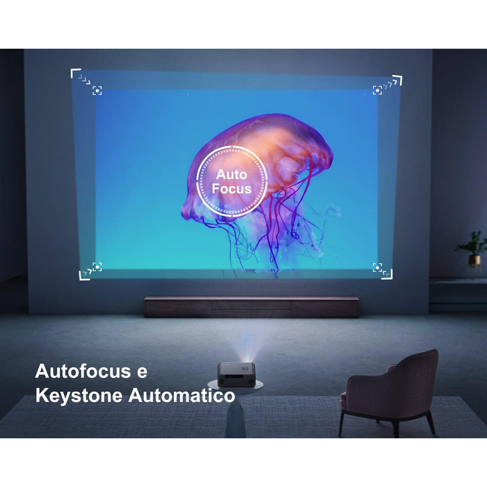 Проектор LED 4K Heikino з Автофокусом та Трапецеїдною Корекцією, WiFi6, Bluetooth, Dolby Audio, Netflix, Android/iOS, для Відкритих Просторів (Чорний/Сірий)