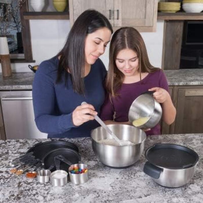 Набір місок для змішування AVACRAFT з нержавіючої сталі 18/10 з кришкою, силіконове дно, зручний виливання та мірні позначки, чорний колір