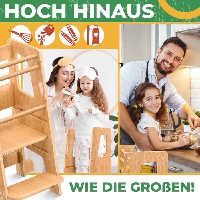 Дитячий навчальний стільчик KIDIZ® для дітей від 1 року | 3-ступеневий, регульована висота, збірка з сосни | Розвиває моторику, Montessori, до 50 кг, антрацит & сосна