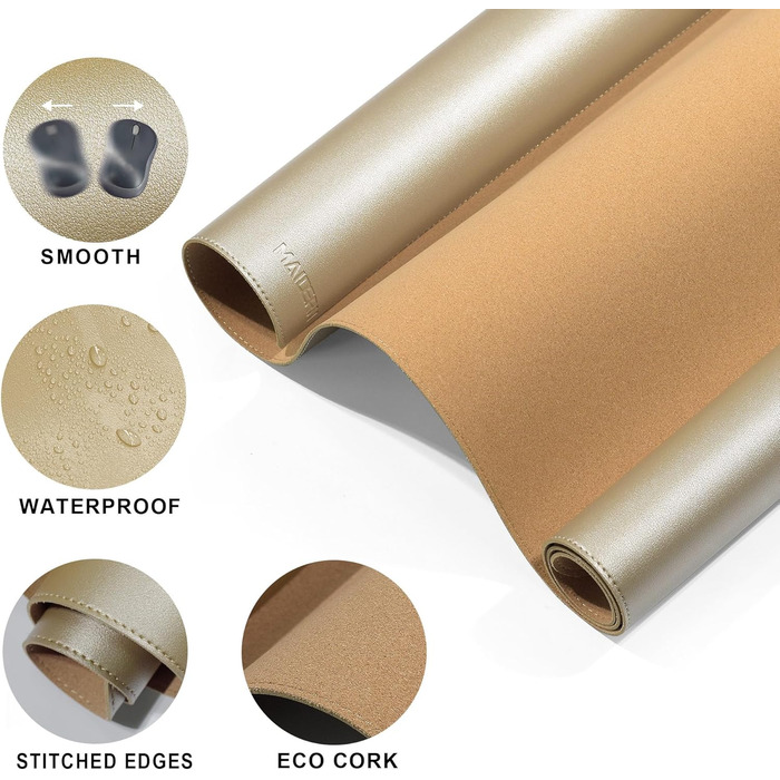 Килимок на стіл MAIDERN XXL 100x60 см двосторонній (шкіра та корк), водонепроникний килимок для миші та робочого столу для офісу та геймінгу, чорний