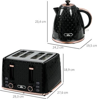 Набір тостер та чайник HOMCOM 1,7L, 4 тости, 7 рівнів підсмажування, автоматичне відключення, розморожування, підігрів, з підсвічуванням, чорний
