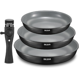 Набір сковорідок BEZIA з знімними ручками, антипригарне покриття, індукційні, 20+24+28 см, стакельне, придатні для миття в посудомийній машині та духовці