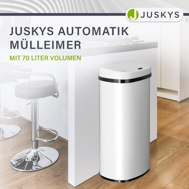 Відро для сміття Juskys з датчиком руху, 60 л, біле. Нержавіюча сталь, безконтактне відкривання, кутовий дизайн.