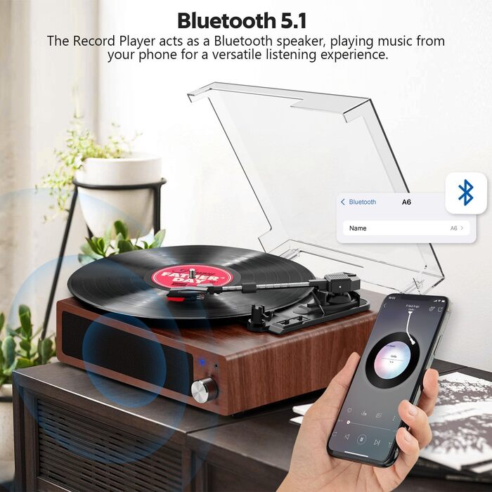 Вініловий програвач FYDEE з Bluetooth, ретро-програвач пластинок із вбудованими стереодинаміками, 3 швидкості (33/45/78 об/хв), RCA-вихід, AUX-вхід, корпус з горіха
