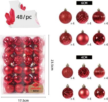 Набір з 48 дрібничок на ялинку 6см, ударостійка, пластик, червоний, ялинкові іграшки, ялинкові іграшки
