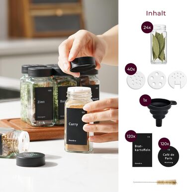 Набір баночок для спецій - 24 шт. з етикетками та бамбуковими кришками, 120 мл, з дозаторами та аксесуарами. Чорні кришки