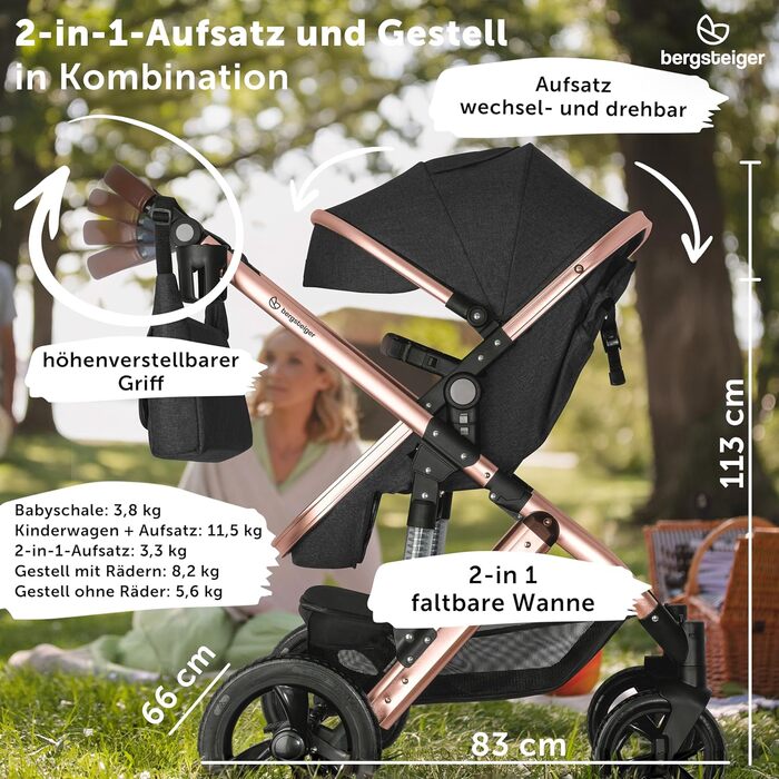 Дитяча коляска Bergsteiger Nizza 3 в 1 (Комплект) сірого кольору: автокрісло, шасі rose golden, люлька, прогулянковий блок + Isofix база
