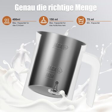 Електричний спінювач молока 400 мл 4-в-1 для гарячого та холодного молока, автоматичне вимкнення, для капучіно, лате макіато
