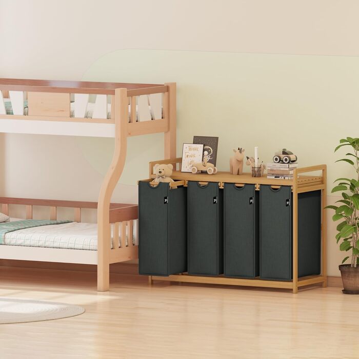 Кошик для білизни AdelDream Premium 200L з 4 відділеннями, висувний та знімний мішок для білизни з бамбуковим каркасом, сірий – кошик для білизни та органайзер для ванної кімнати та спальні