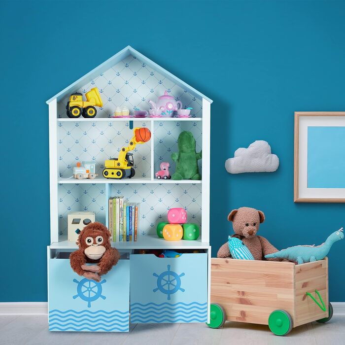 Дитяча полиця Relaxdays, мореплавство, 5 відділень, 2 рулонні коробки, HWD 128x75x34 см, форма будиночка, місце для зберігання іграшок, білий/синій