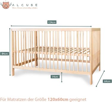 Дитяче ліжечко Alcube см Тоні виготовлене з високоякісної деревини бука, з накладними поперечинами і матрацом з висувним ящиком білого кольору (60х120, натуральне - без ящика)