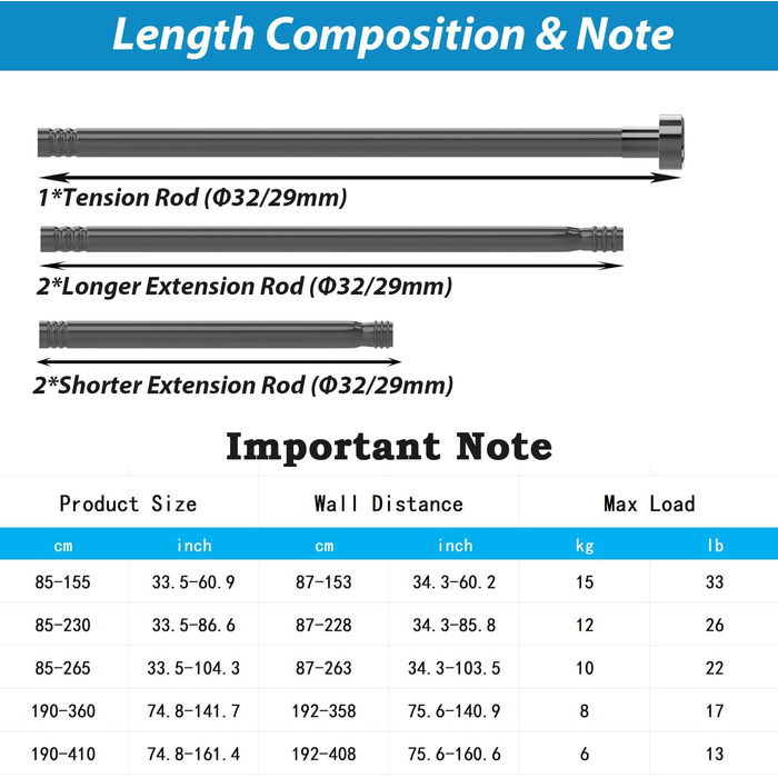 Штанга для душу з нержавіючої сталі, висувна, без свердління, 190-410 см, для ванної кімнати, ванни, душу, дверей (білий)