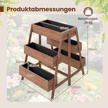 Вертикальна грядка COSTWAY з 3 ярусами, 6 контейнерами для квітів, дерев'яний ящик для рослин на терасу, балкон, сад - коричневий, 126x90x115 см