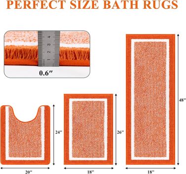 Набір килимків для ванної кімнати Pauwer, 3 шт. (душовий килимок, килимок для туалету), мікрофібра, антиковзаючі, машинне прання, плюшеві, 18'x26'+18'x48'+U Shape 20'x24', помаранчевий/червоний, в смугастий візерунок (Sunset Chevron)